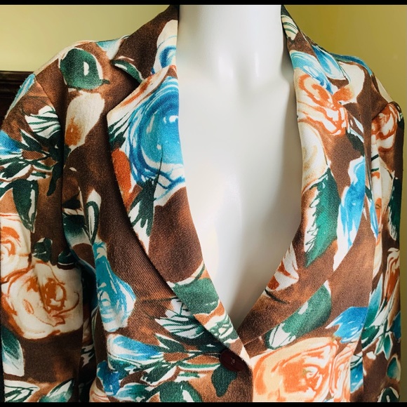 Zara Floral Short Blazer bright Orange & Blue Roses Pattern double collar US 10 - Picture 8 of 10